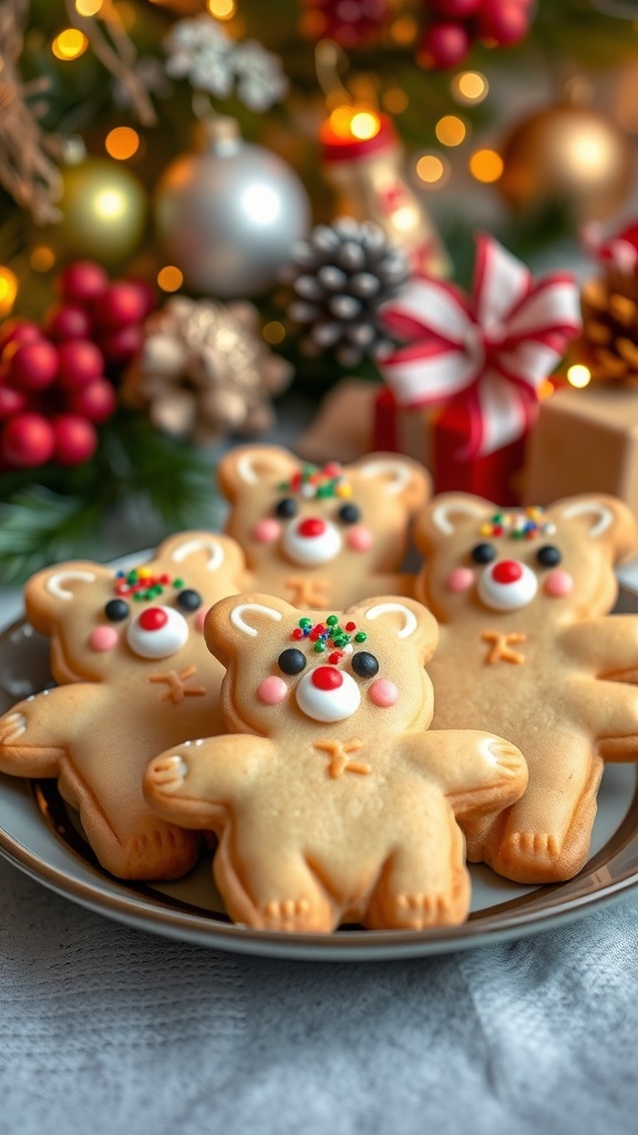 Festive quokka-shaped cookies on a plate, decorated with icing and sprinkles, surrounded by Christmas decorations.